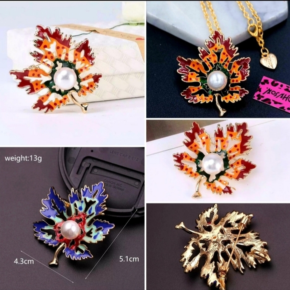 Gold plated multicolor pearl maple leaf necklace/brooch - Picture 10 of 14